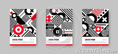 Poster set with geometric shapes and pattern. Trendy black and white design with red accents. Monochrome design with red elements. Vector Illustration